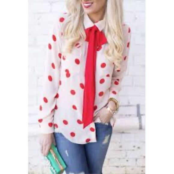 Loft Ann Taylor Red Polka Dot Long Sleeve Sheer Poly Blouse Size S - Picture 2 of 7